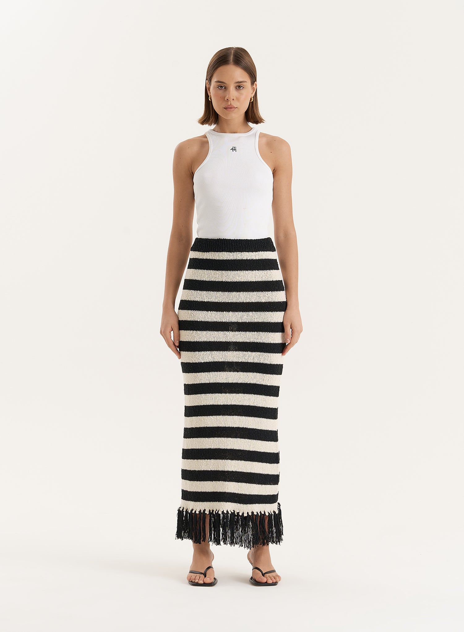 Striped Knitted Tassel Trim Maxi Skirt